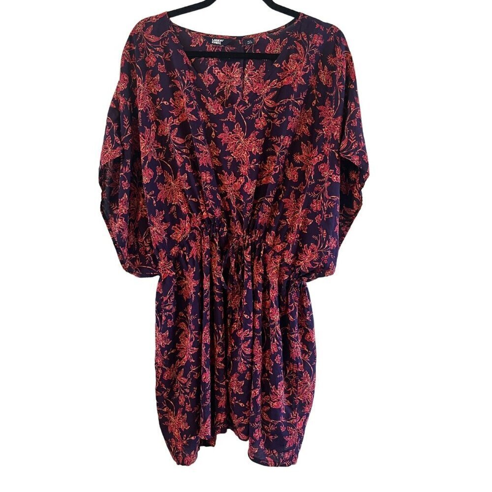 Lands' End Women's Floral Dress M-L Purple Pink Drawstring Waist Oversized Light